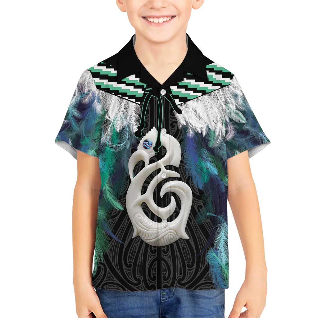 Aotearoa Korowai Motif Family Matching Puletasi and Hawaiian Shirt Hei Manaia Poutama Maori Pattern LT14 Son's Shirt Turquoise - Polynesian Pride