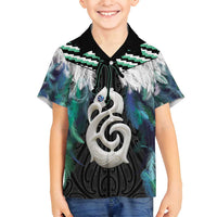 Aotearoa Korowai Motif Family Matching Summer Maxi Dress and Hawaiian Shirt Hei Manaia Poutama Maori Pattern LT14 Son's Shirt Turquoise - Polynesian Pride