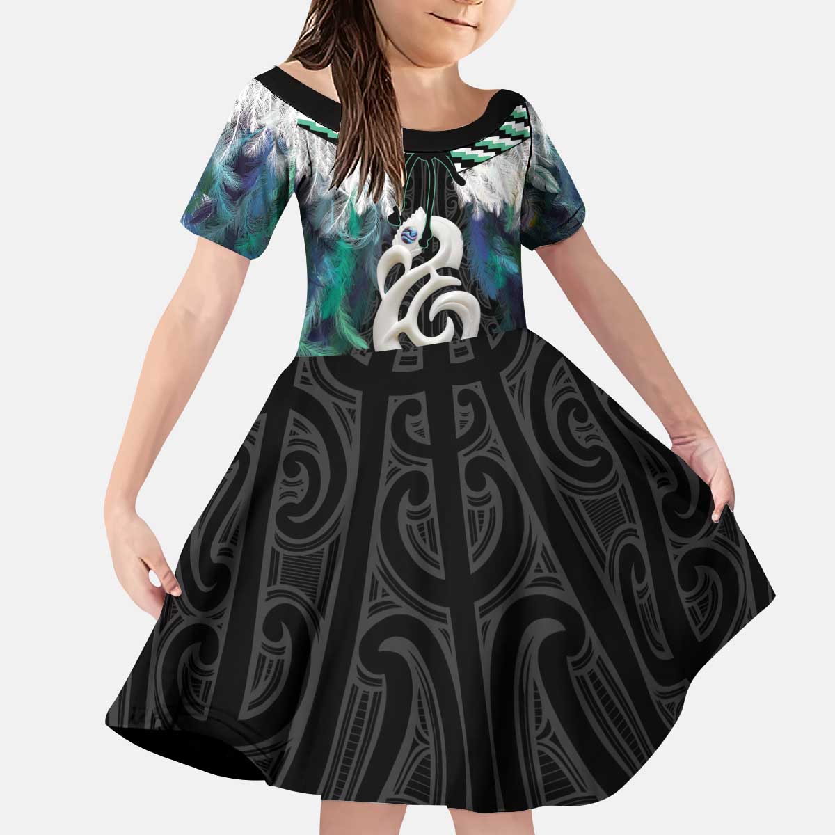 Aotearoa Korowai Motif Kid Short Sleeve Dress Hei Manaia Poutama Maori Pattern