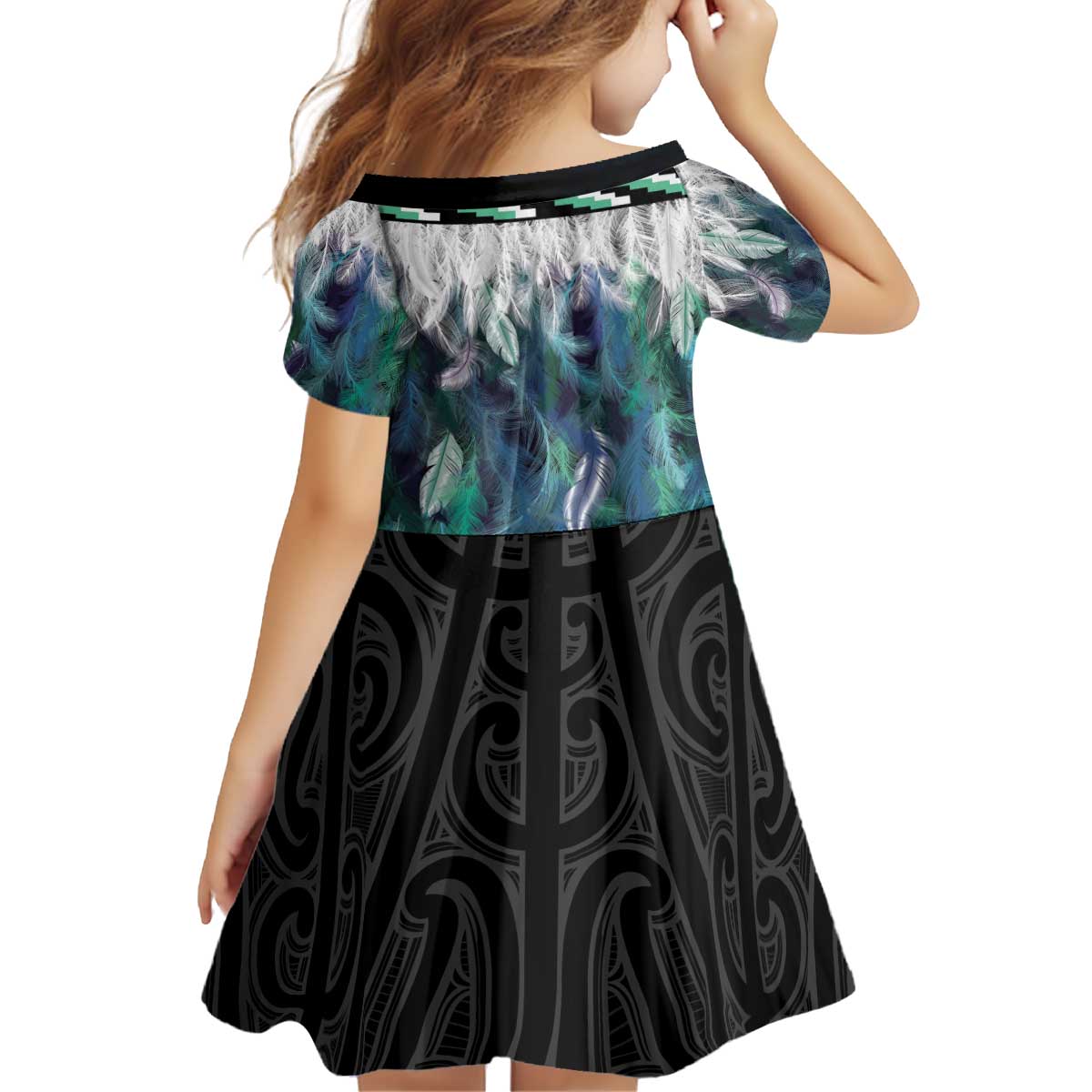 Aotearoa Korowai Motif Kid Short Sleeve Dress Hei Manaia Poutama Maori Pattern