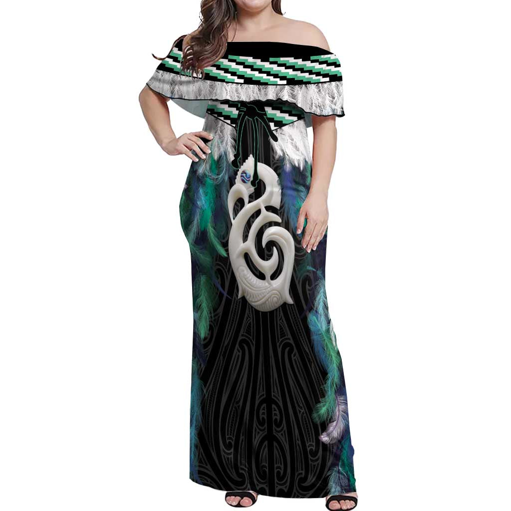 Aotearoa Korowai Motif Off Shoulder Maxi Dress Hei Manaia Poutama Maori Pattern