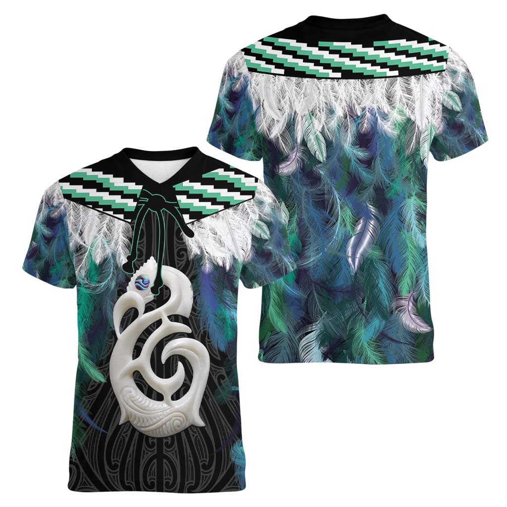 Aotearoa Korowai Motif Women V-Neck T-Shirt Hei Manaia Poutama Maori Pattern