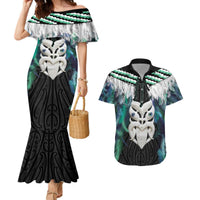Aotearoa Korowai Motif Couples Matching Mermaid Dress and Hawaiian Shirt Maori Wheku Poutama LT14 Turquoise - Polynesian Pride