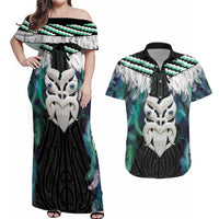 Aotearoa Korowai Motif Couples Matching Off Shoulder Maxi Dress and Hawaiian Shirt Maori Wheku Poutama