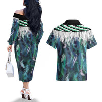 Aotearoa Korowai Motif Couples Matching Off The Shoulder Long Sleeve Dress and Hawaiian Shirt Maori Wheku Poutama LT14 - Polynesian Pride
