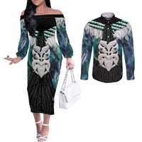 Aotearoa Korowai Motif Couples Matching Off The Shoulder Long Sleeve Dress and Long Sleeve Button Shirt Maori Wheku Poutama LT14 Turquoise - Polynesian Pride