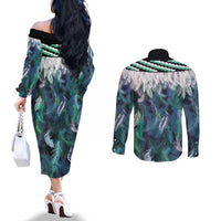 Aotearoa Korowai Motif Couples Matching Off The Shoulder Long Sleeve Dress and Long Sleeve Button Shirt Maori Wheku Poutama LT14 - Polynesian Pride