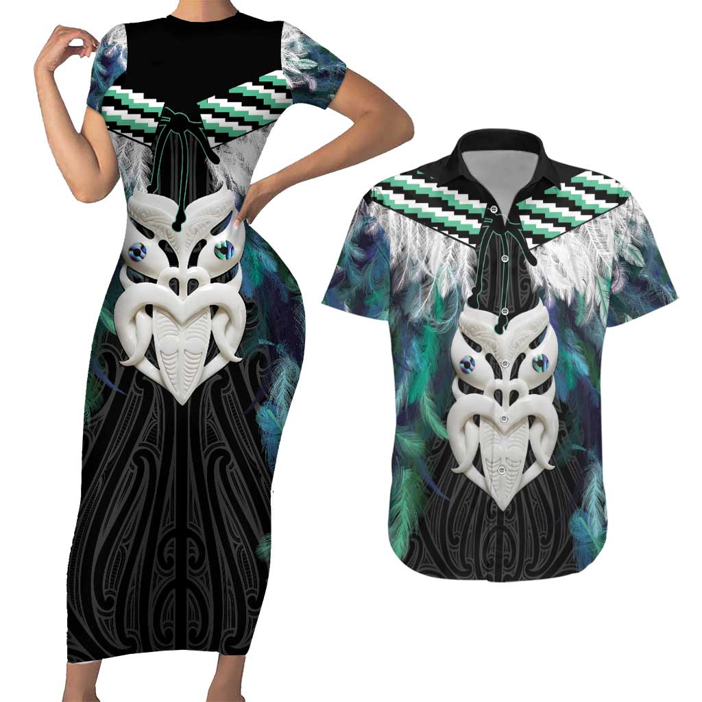 Aotearoa Korowai Motif Couples Matching Short Sleeve Bodycon Dress and Hawaiian Shirt Maori Wheku Poutama LT14 Turquoise - Polynesian Pride