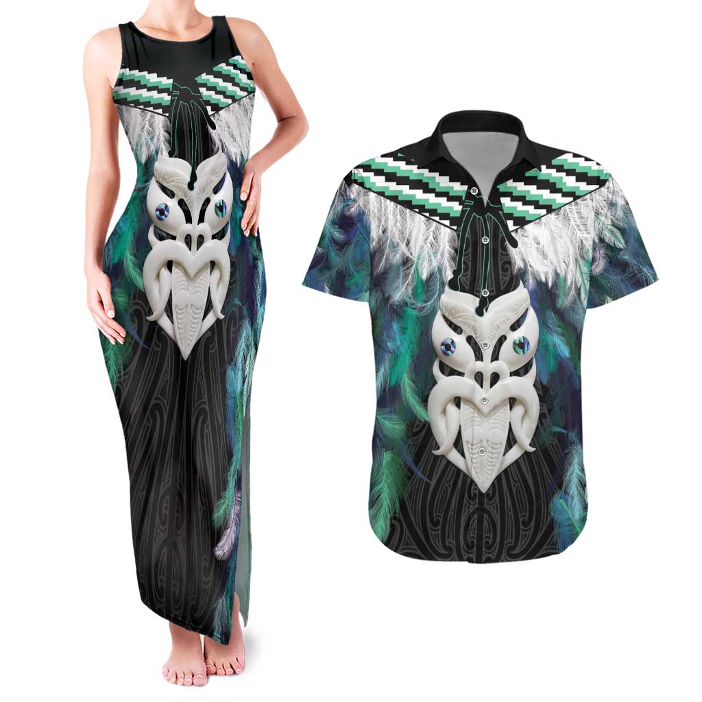 Aotearoa Korowai Motif Couples Matching Tank Maxi Dress and Hawaiian Shirt Maori Wheku Poutama LT14 Turquoise - Polynesian Pride