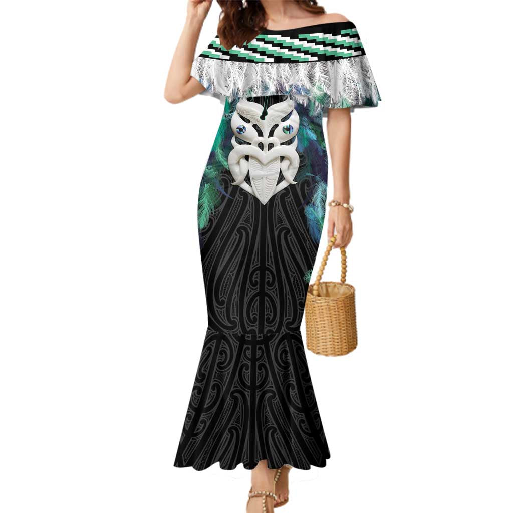 Aotearoa Korowai Motif Family Matching Mermaid Dress and Hawaiian Shirt Maori Wheku Poutama LT14 Mom's Dress Turquoise - Polynesian Pride