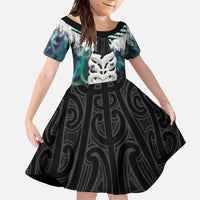 Aotearoa Korowai Motif Family Matching Off Shoulder Maxi Dress and Hawaiian Shirt Maori Wheku Poutama LT14 Daughter's Dress Turquoise - Polynesian Pride