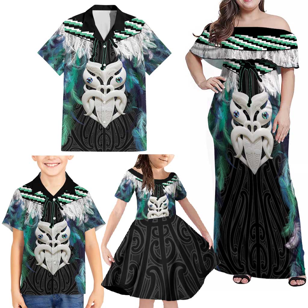 Aotearoa Korowai Motif Family Matching Off Shoulder Maxi Dress and Hawaiian Shirt Maori Wheku Poutama LT14 - Polynesian Pride