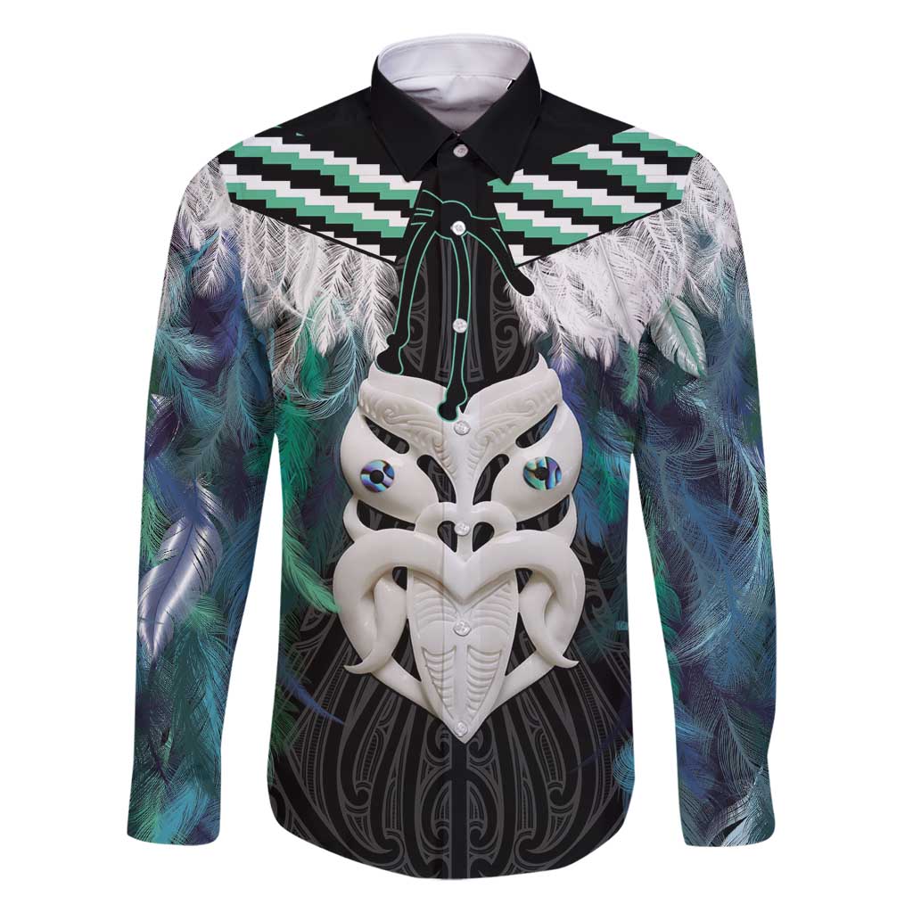 Aotearoa Korowai Motif Family Matching Tank Maxi Dress and Hawaiian Shirt Maori Wheku Poutama LT14 Dad's Shirt - Long Sleeve Turquoise - Polynesian Pride