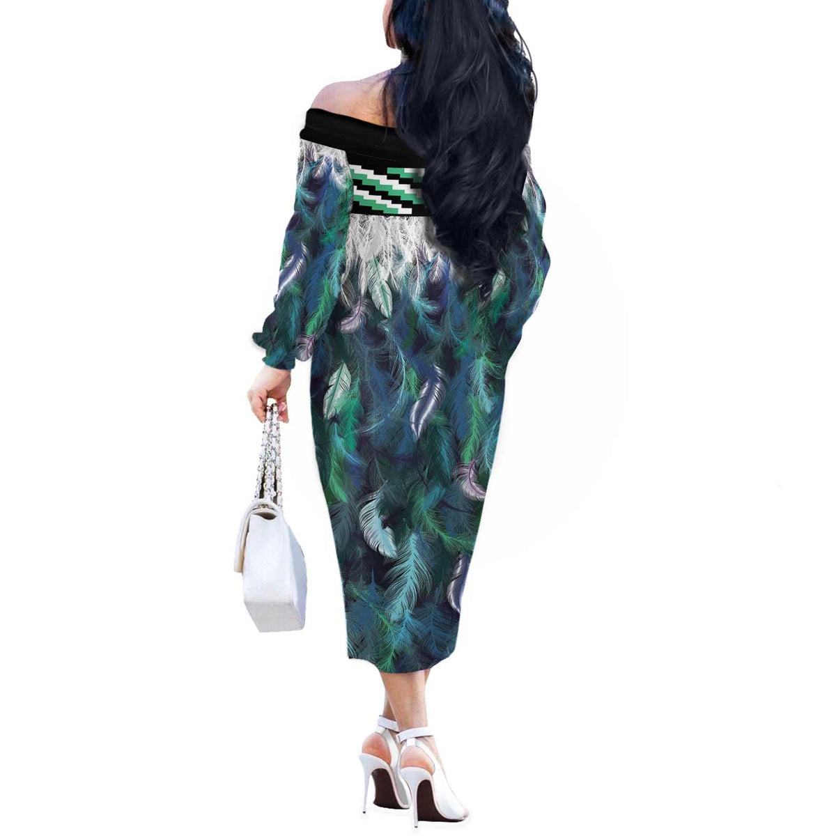Aotearoa Korowai Motif Off The Shoulder Long Sleeve Dress Maori Wheku Poutama