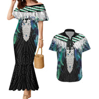 Aotearoa Korowai Motif Couples Matching Mermaid Dress and Hawaiian Shirt Maori Tane Poutama LT14 Turquoise - Polynesian Pride