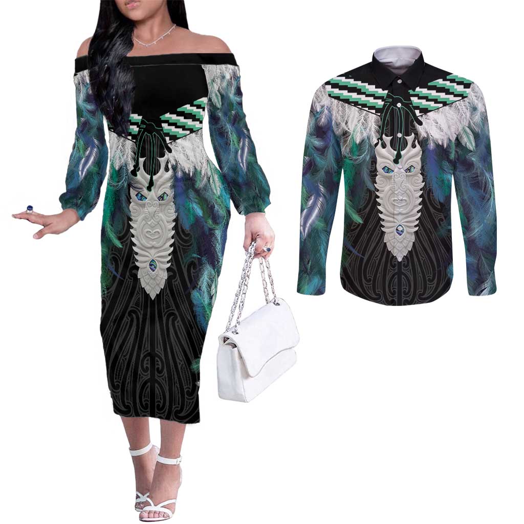 Aotearoa Korowai Motif Couples Matching Off The Shoulder Long Sleeve Dress and Long Sleeve Button Shirt Maori Tane Poutama LT14 Turquoise - Polynesian Pride