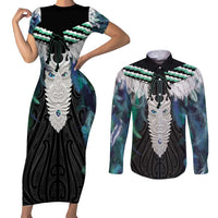 Aotearoa Korowai Motif Couples Matching Short Sleeve Bodycon Dress and Long Sleeve Button Shirt Maori Tane Poutama LT14 Turquoise - Polynesian Pride