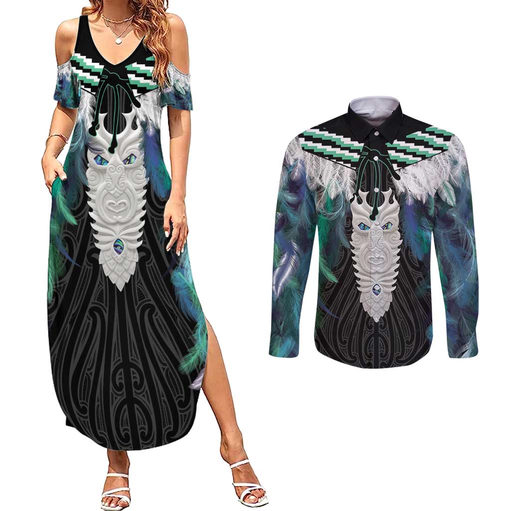 Aotearoa Korowai Motif Couples Matching Summer Maxi Dress and Long Sleeve Button Shirt Maori Tane Poutama
