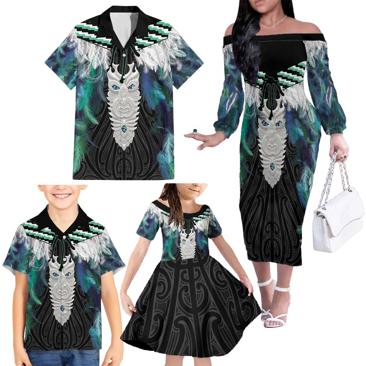 Aotearoa Korowai Motif Family Matching Off The Shoulder Long Sleeve Dress and Hawaiian Shirt Maori Tane Poutama LT14 - Polynesian Pride