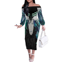 Aotearoa Korowai Motif Family Matching Off The Shoulder Long Sleeve Dress and Hawaiian Shirt Maori Tane Poutama LT14 Mom's Dress Turquoise - Polynesian Pride