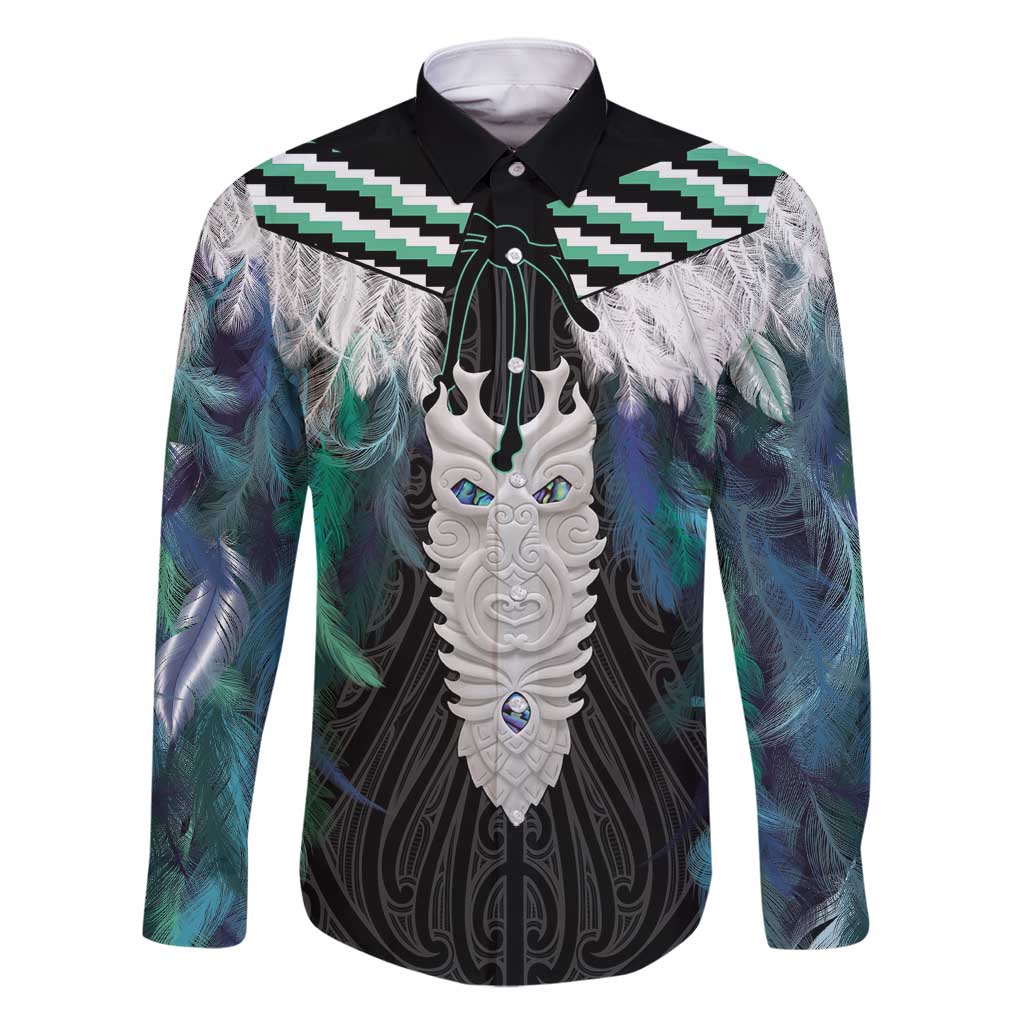 Aotearoa Korowai Motif Family Matching Off Shoulder Maxi Dress and Hawaiian Shirt Maori Tane Poutama LT14 Dad's Shirt - Long Sleeve Turquoise - Polynesian Pride