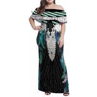 Aotearoa Korowai Motif Family Matching Off Shoulder Maxi Dress and Hawaiian Shirt Maori Tane Poutama LT14 Mom's Dress Turquoise - Polynesian Pride