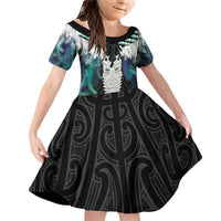 Aotearoa Korowai Motif Family Matching Off Shoulder Short Dress and Hawaiian Shirt Maori Tane Poutama LT14 Daughter's Dress Turquoise - Polynesian Pride