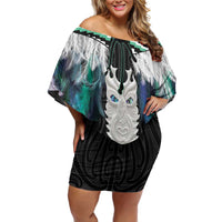 Aotearoa Korowai Motif Family Matching Off Shoulder Short Dress and Hawaiian Shirt Maori Tane Poutama LT14 Mom's Dress Turquoise - Polynesian Pride