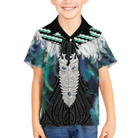 Aotearoa Korowai Motif Family Matching Off Shoulder Short Dress and Hawaiian Shirt Maori Tane Poutama LT14 Son's Shirt Turquoise - Polynesian Pride