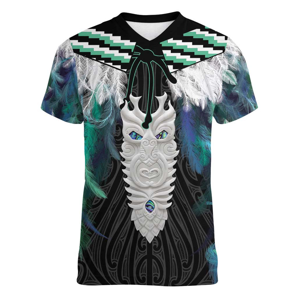 Aotearoa Korowai Motif Women V-Neck T-Shirt Maori Tane Poutama