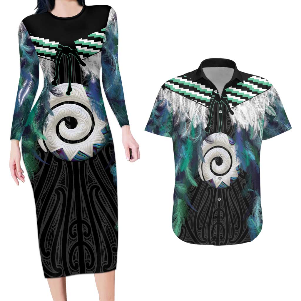 Aotearoa Korowai Motif Couples Matching Long Sleeve Bodycon Dress and Hawaiian Shirt Maori Koru Poutama LT14 Turquoise - Polynesian Pride