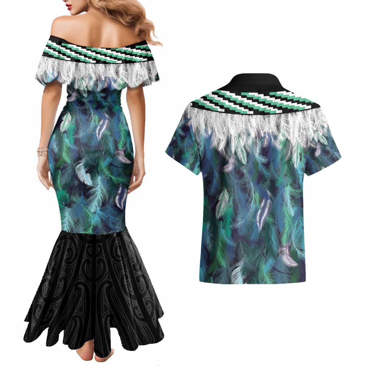 Aotearoa Korowai Motif Couples Matching Mermaid Dress and Hawaiian Shirt Maori Koru Poutama LT14 - Polynesian Pride
