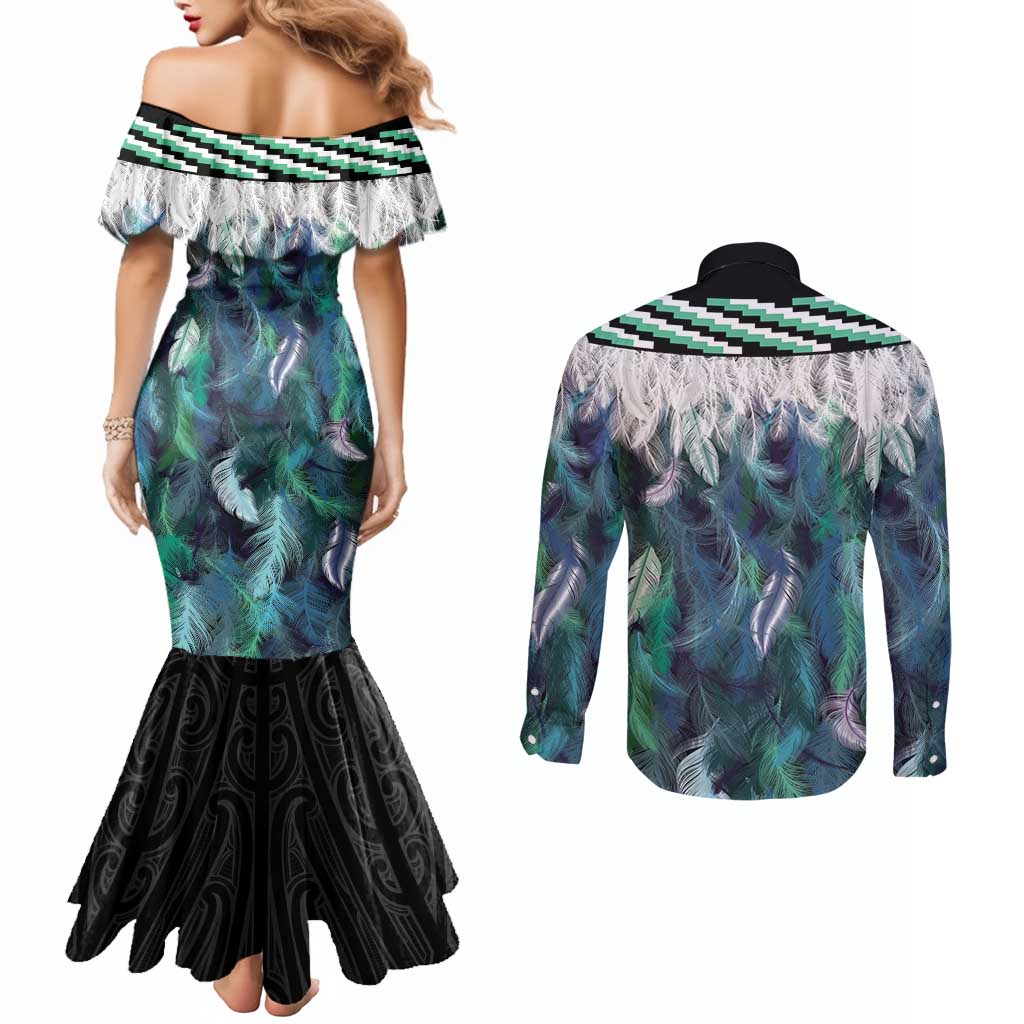 Aotearoa Korowai Motif Couples Matching Mermaid Dress and Long Sleeve Button Shirt Maori Koru Poutama