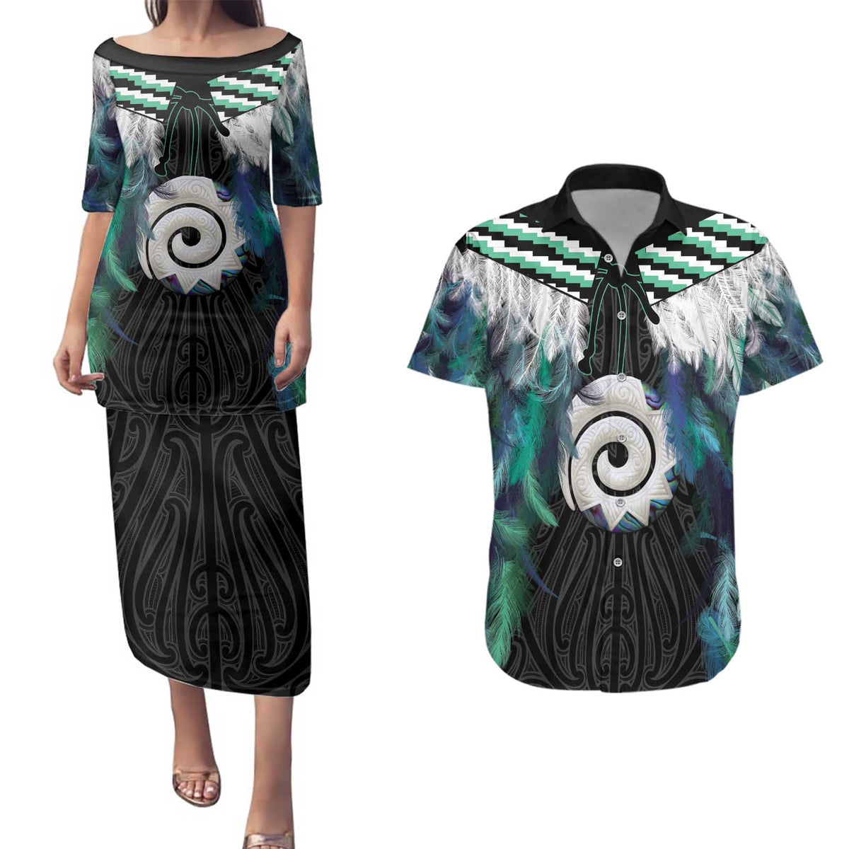 Aotearoa Korowai Motif Couples Matching Puletasi and Hawaiian Shirt Maori Koru Poutama