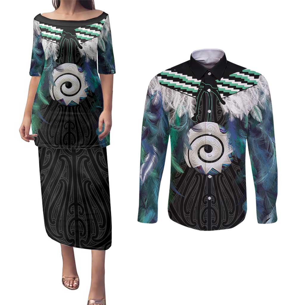 Aotearoa Korowai Motif Couples Matching Puletasi and Long Sleeve Button Shirt Maori Koru Poutama