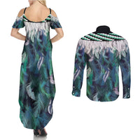 Aotearoa Korowai Motif Couples Matching Summer Maxi Dress and Long Sleeve Button Shirt Maori Koru Poutama