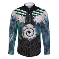 Aotearoa Korowai Motif Family Matching Long Sleeve Bodycon Dress and Hawaiian Shirt Maori Koru Poutama LT14 Dad's Shirt - Long Sleeve Turquoise - Polynesian Pride