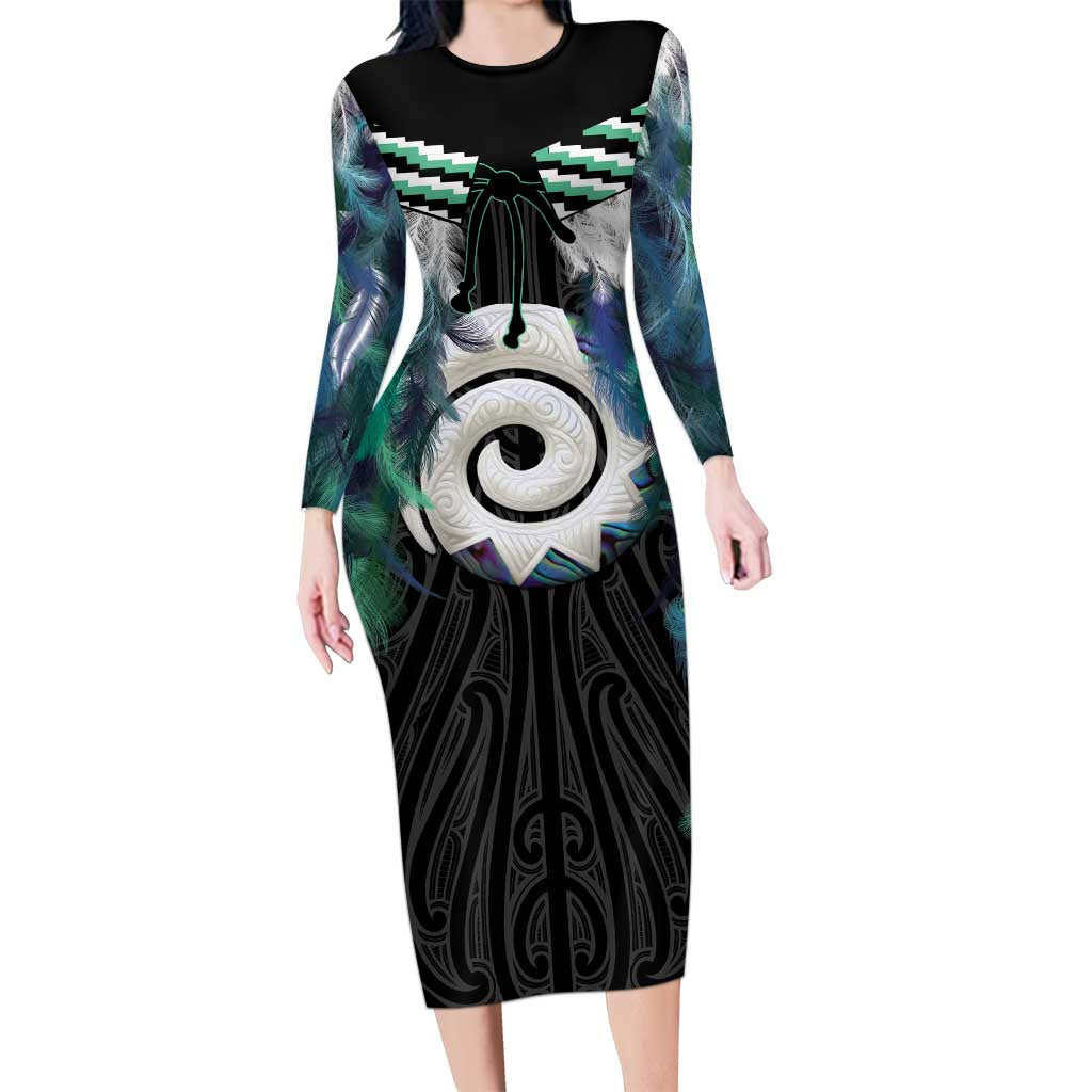 Aotearoa Korowai Motif Family Matching Long Sleeve Bodycon Dress and Hawaiian Shirt Maori Koru Poutama LT14 Mom's Dress Turquoise - Polynesian Pride