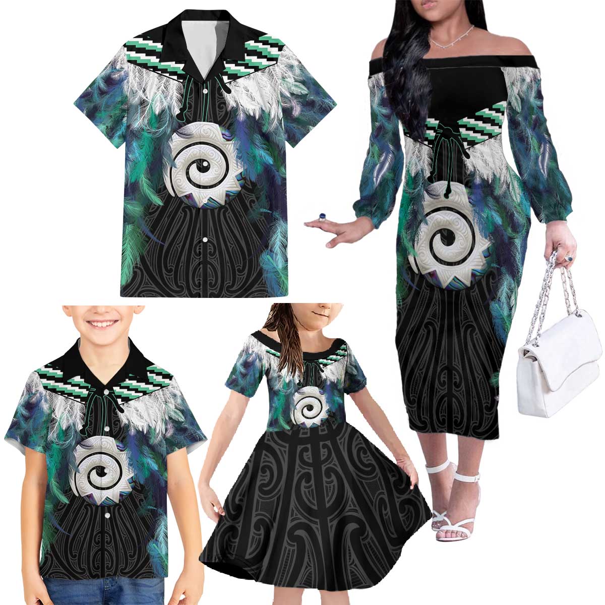Aotearoa Korowai Motif Family Matching Off The Shoulder Long Sleeve Dress and Hawaiian Shirt Maori Koru Poutama LT14 - Polynesian Pride