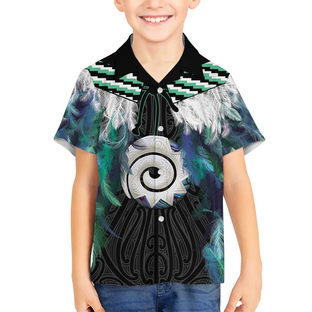 Aotearoa Korowai Motif Family Matching Off Shoulder Maxi Dress and Hawaiian Shirt Maori Koru Poutama LT14 Son's Shirt Turquoise - Polynesian Pride