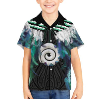 Aotearoa Korowai Motif Family Matching Off Shoulder Maxi Dress and Hawaiian Shirt Maori Koru Poutama LT14 Son's Shirt Turquoise - Polynesian Pride