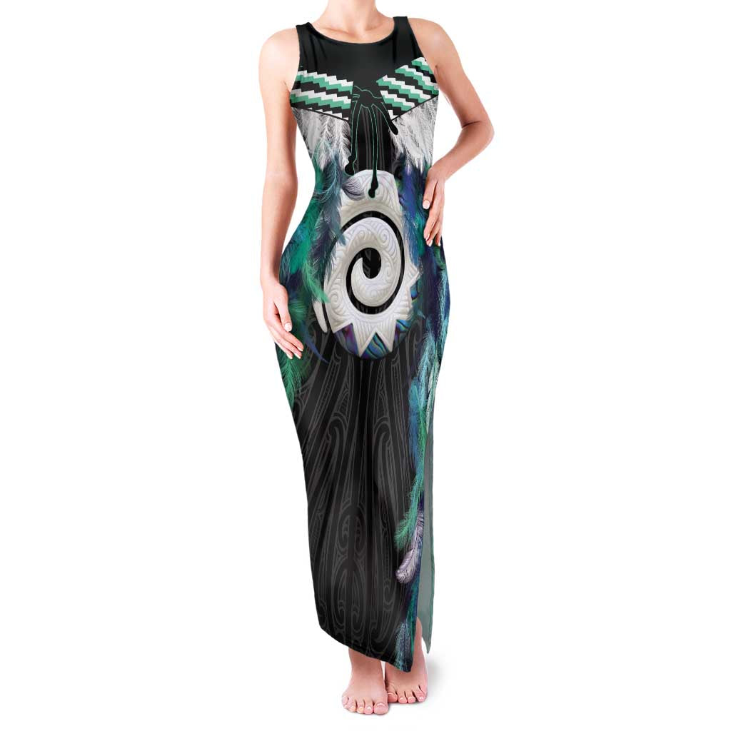 Aotearoa Korowai Motif Family Matching Tank Maxi Dress and Hawaiian Shirt Maori Koru Poutama LT14 Mom's Dress Turquoise - Polynesian Pride