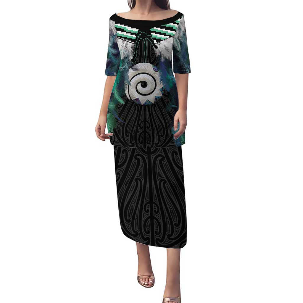 Aotearoa Korowai Motif Puletasi Maori Koru Poutama LT14 Long Dress Turquoise - Polynesian Pride