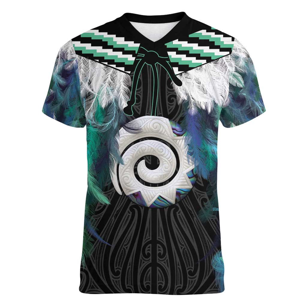 Aotearoa Korowai Motif Women V-Neck T-Shirt Maori Koru Poutama