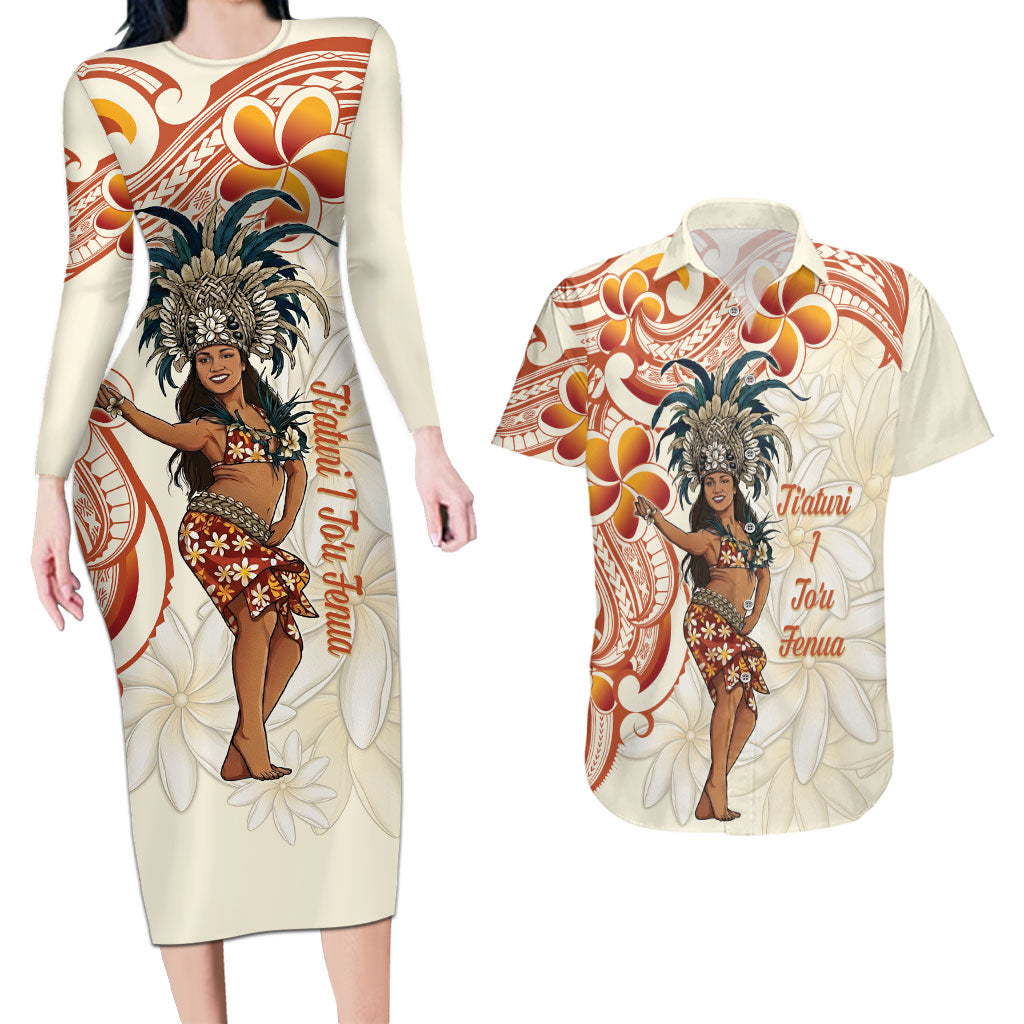 Heiva i Tahiti Couples Matching Long Sleeve Bodycon Dress and Hawaiian Shirt Ori Tahitian Dance Tiare Maori