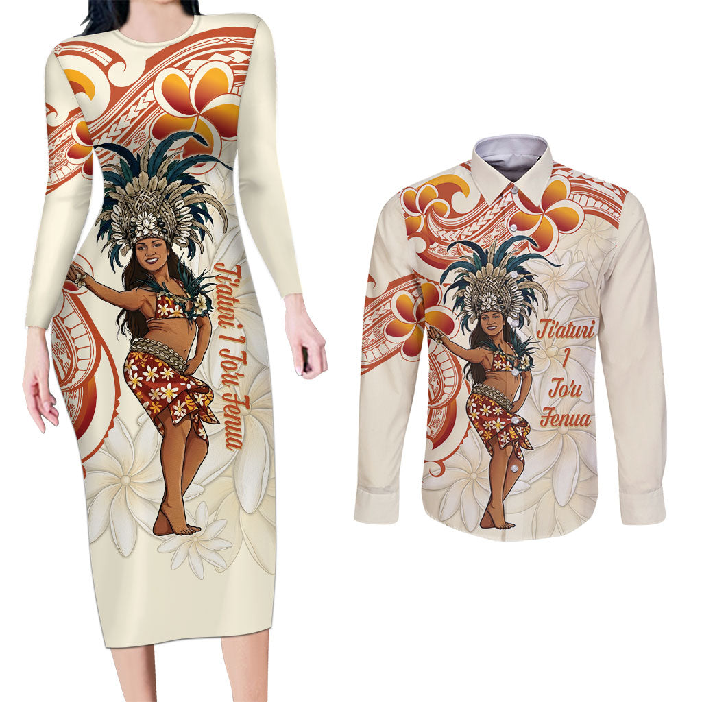 Heiva i Tahiti Couples Matching Long Sleeve Bodycon Dress and Long Sleeve Button Shirt Ori Tahitian Dance Tiare Maori