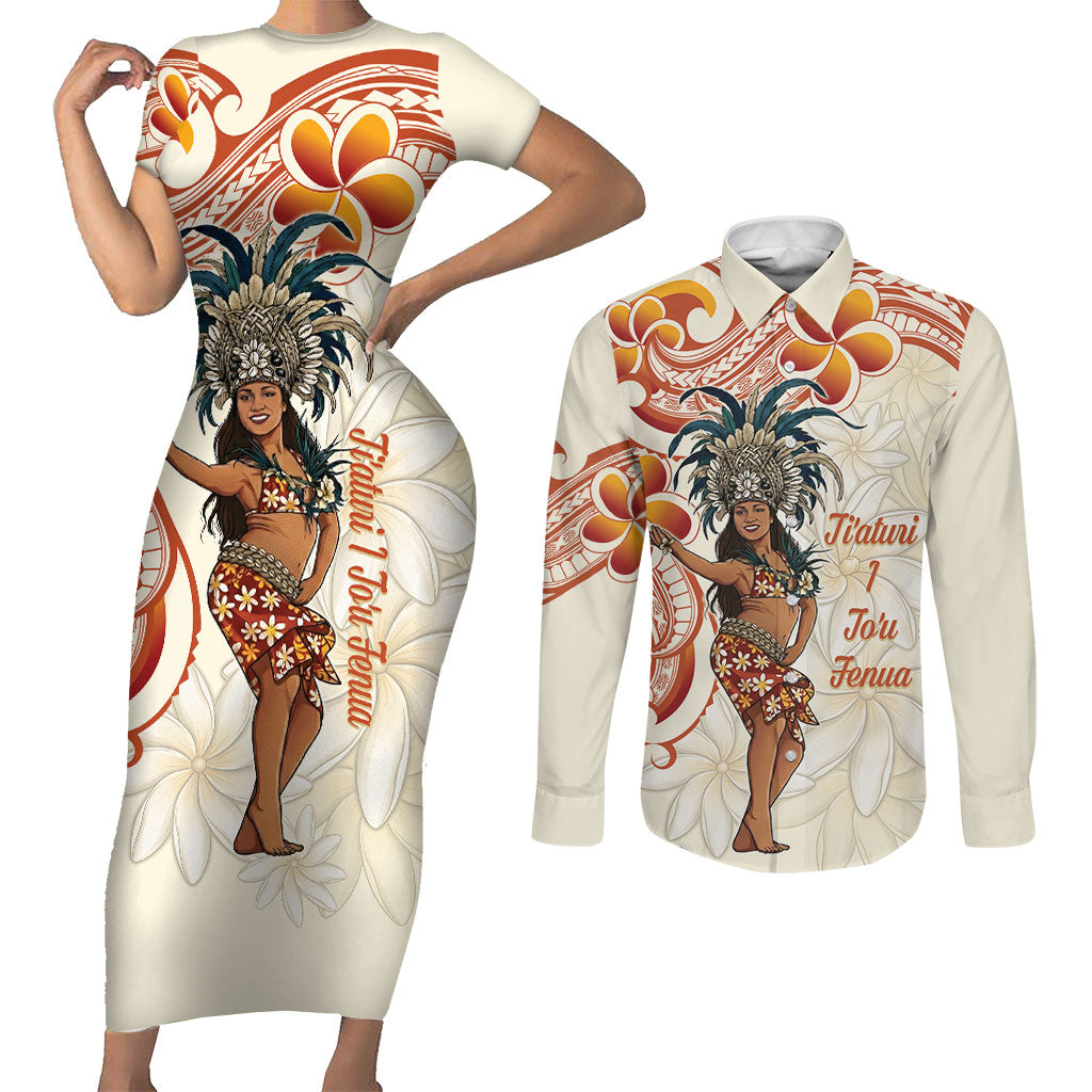 Heiva i Tahiti Couples Matching Short Sleeve Bodycon Dress and Long Sleeve Button Shirt Ori Tahitian Dance Tiare Maori LT14 Beige - Polynesian Pride