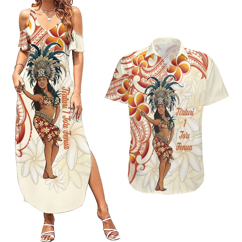 Heiva i Tahiti Couples Matching Summer Maxi Dress and Hawaiian Shirt Ori Tahitian Dance Tiare Maori LT14 Beige - Polynesian Pride