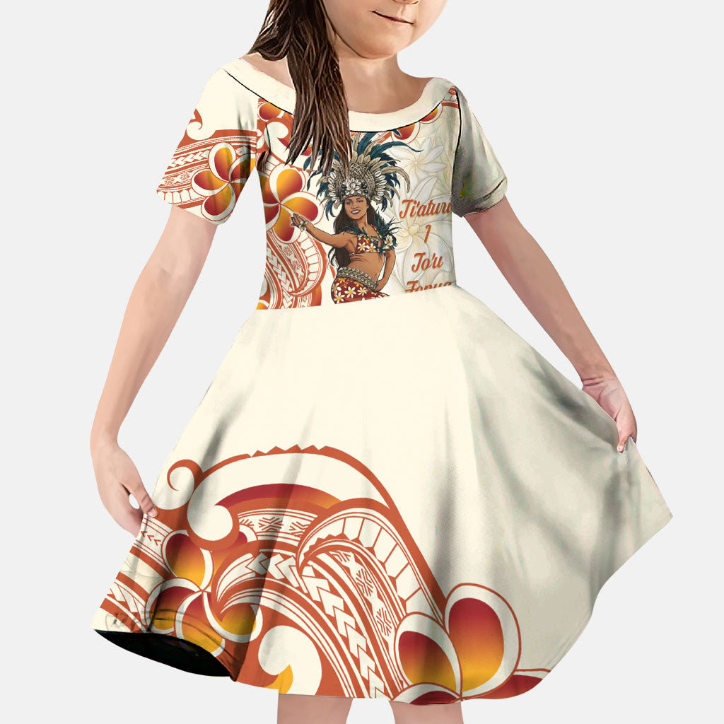 Heiva i Tahiti Family Matching Off The Shoulder Long Sleeve Dress and Hawaiian Shirt Ori Tahitian Dance Tiare Maori LT14 Daughter's Dress Beige - Polynesian Pride
