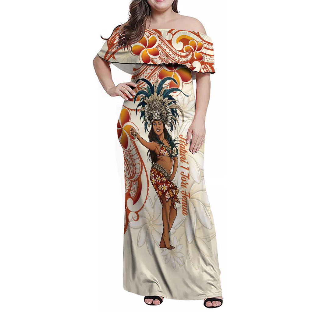 Heiva i Tahiti Family Matching Off Shoulder Maxi Dress and Hawaiian Shirt Ori Tahitian Dance Tiare Maori LT14 Mom's Dress Beige - Polynesian Pride